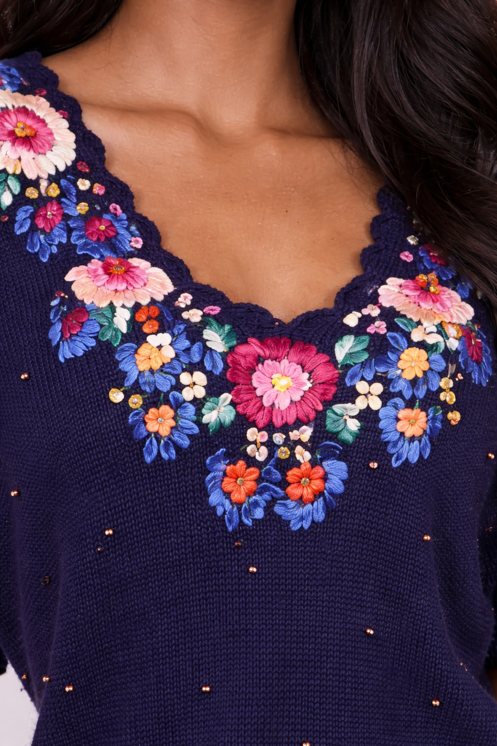 Vintage 90s Navy Floral V-Neck Sweater | Fits Sizes M-L