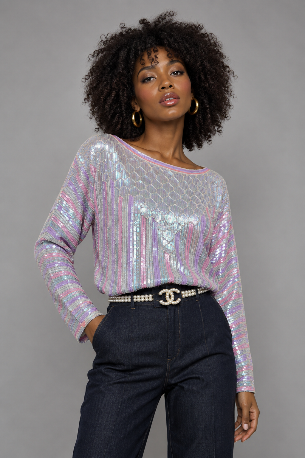 Vintage 90s Pastel Rainbow Sequin Silk Blouse | S/M