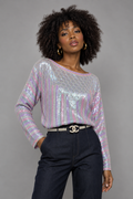 Vintage 90s Pastel Rainbow Sequin Silk Blouse | S/M