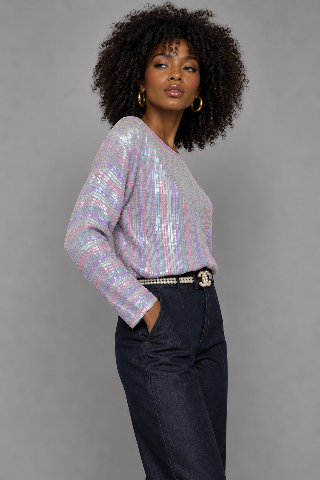 Vintage 90s Pastel Rainbow Sequin Silk Blouse | S/M