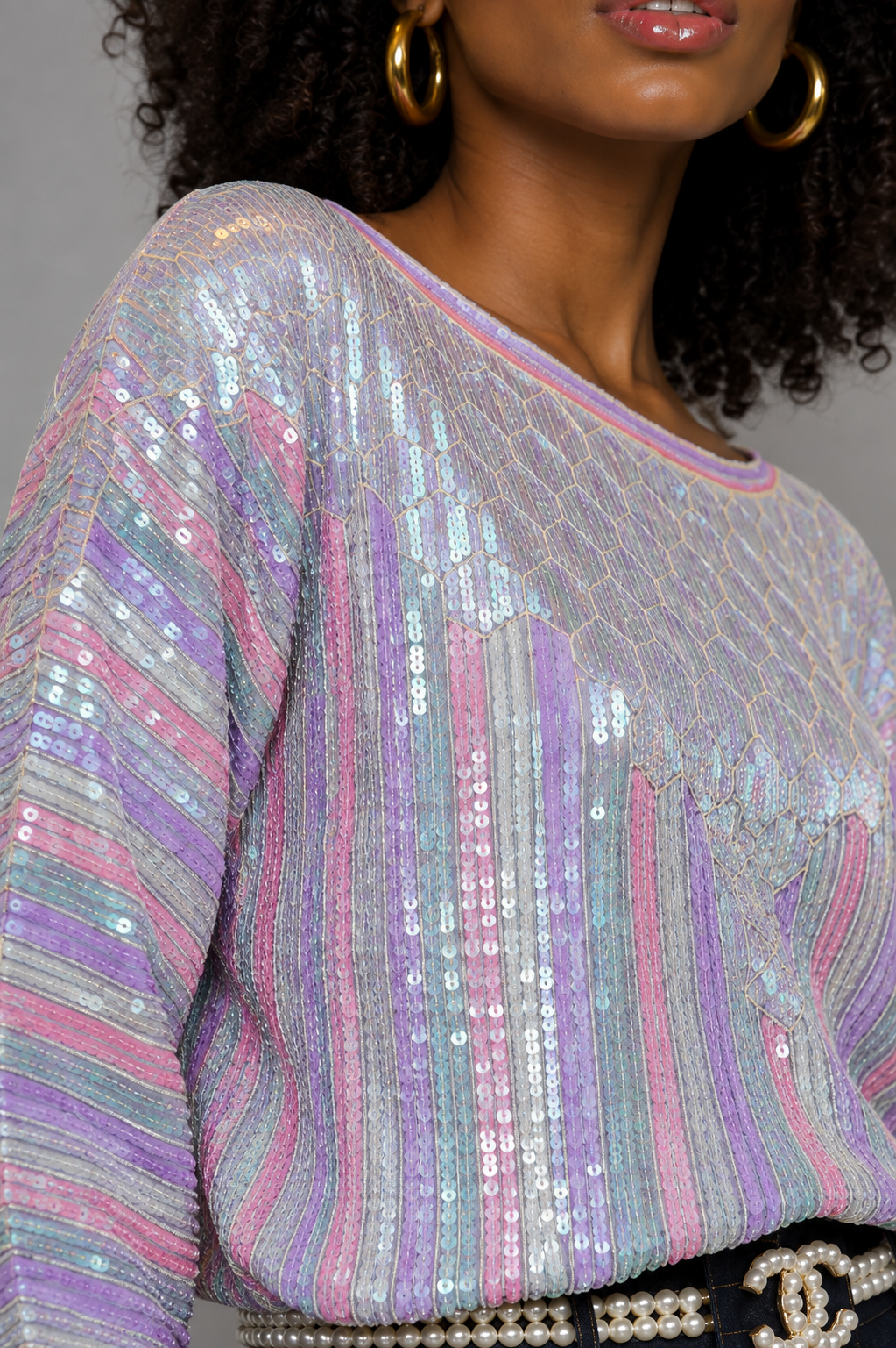 Vintage 90s Pastel Rainbow Sequin Silk Blouse | S/M