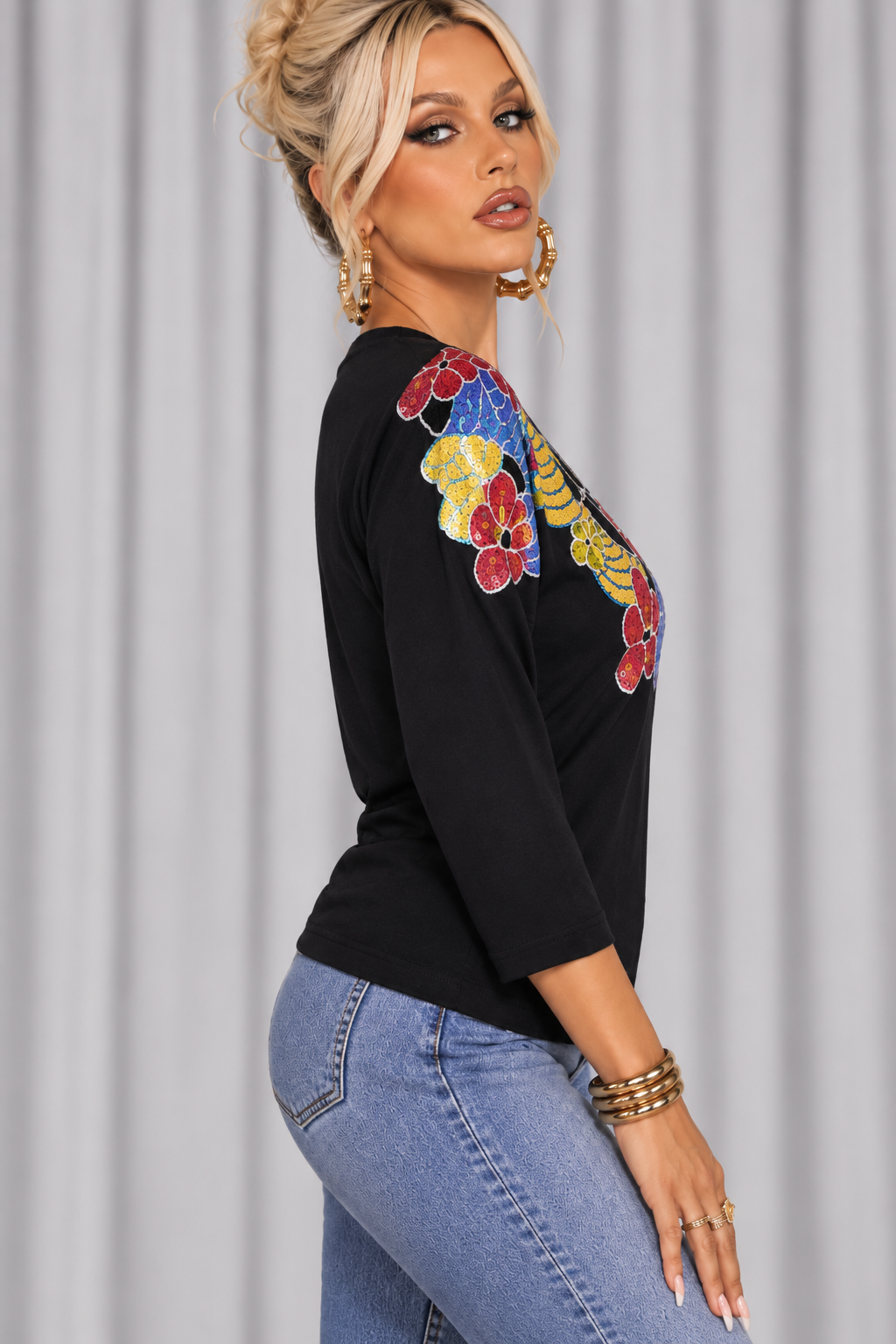90s Colorful Floral Sequin Top – S/M