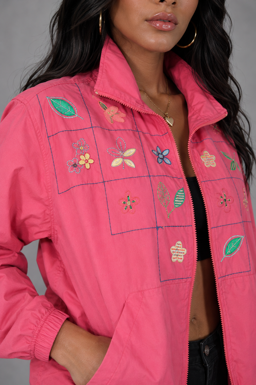 Vintage 90s Pink Floral Bomber Jacket - Medium