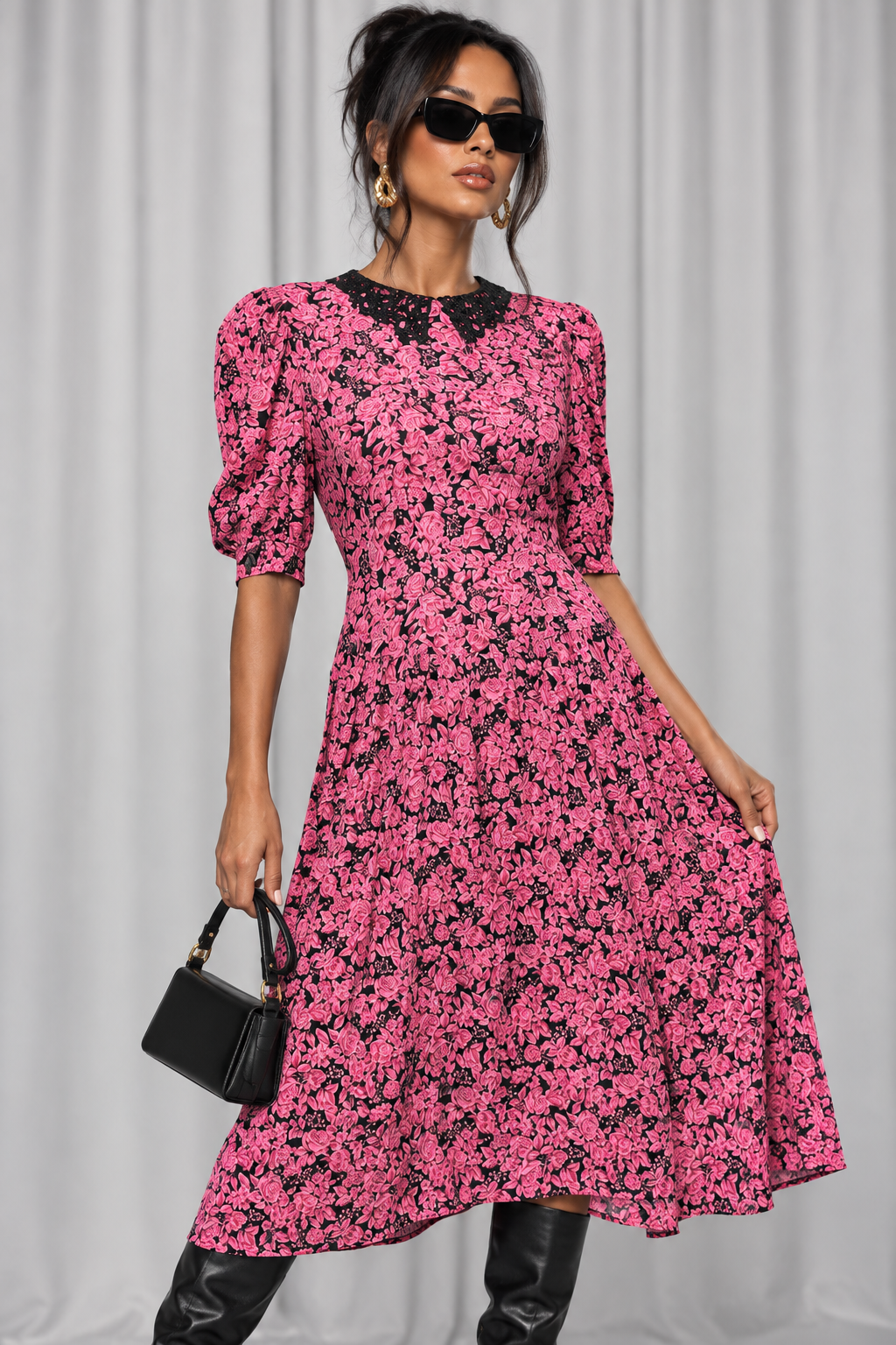 90s Vintage Pink Floral Midi Dress | Medium