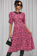 90s Vintage Pink Floral Midi Dress | Medium