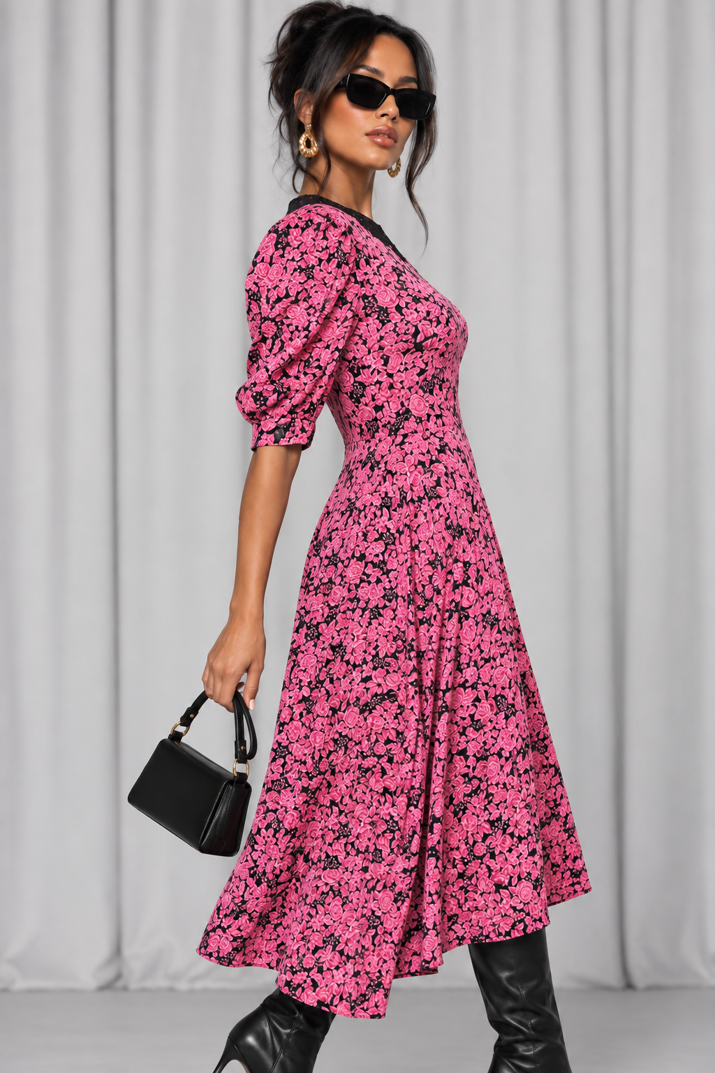 90s Vintage Pink Floral Midi Dress | Medium