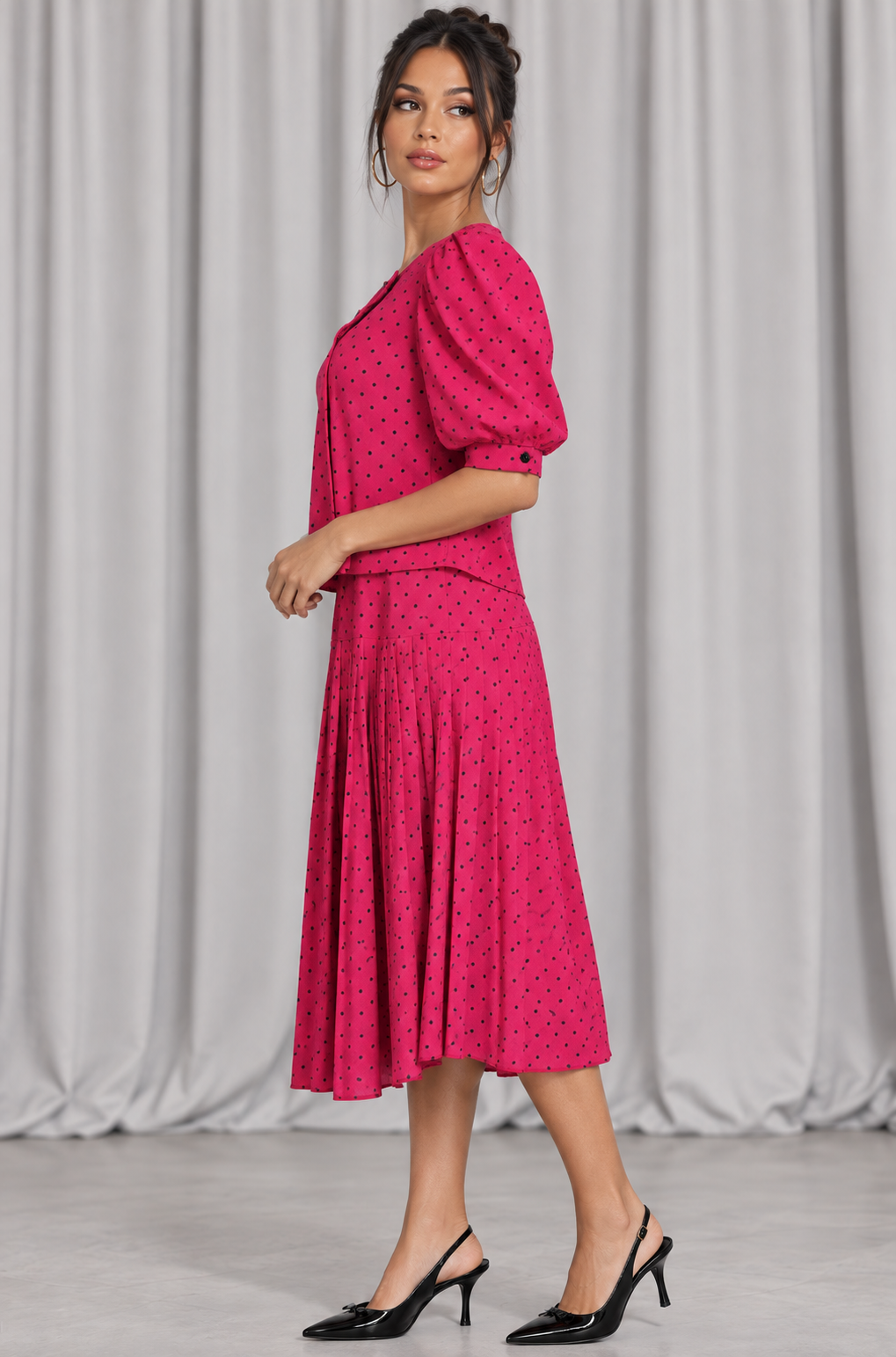 90s Hot Pink Polka Dot Dress – Large