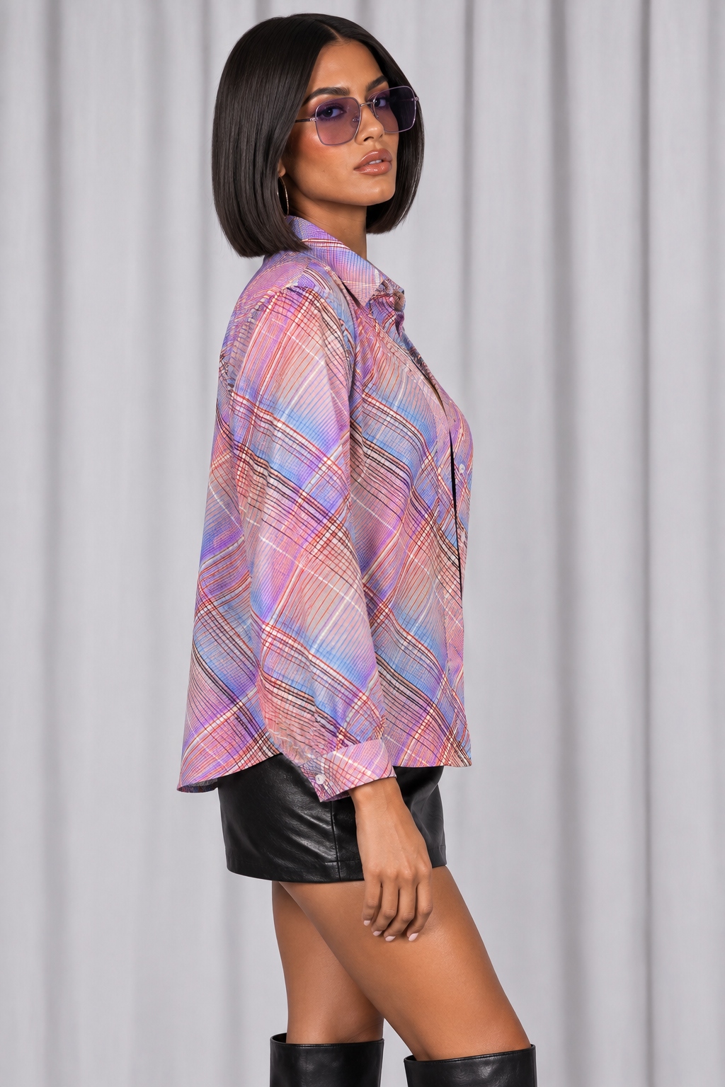 90s Pink & Purple Plaid Blouse – MEDIUM