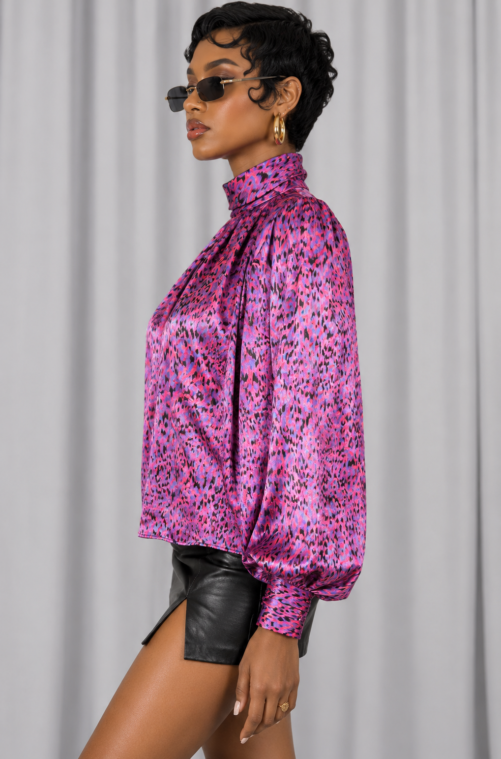 90s Pink Purple Satin Turtleneck Blouse – LARGE