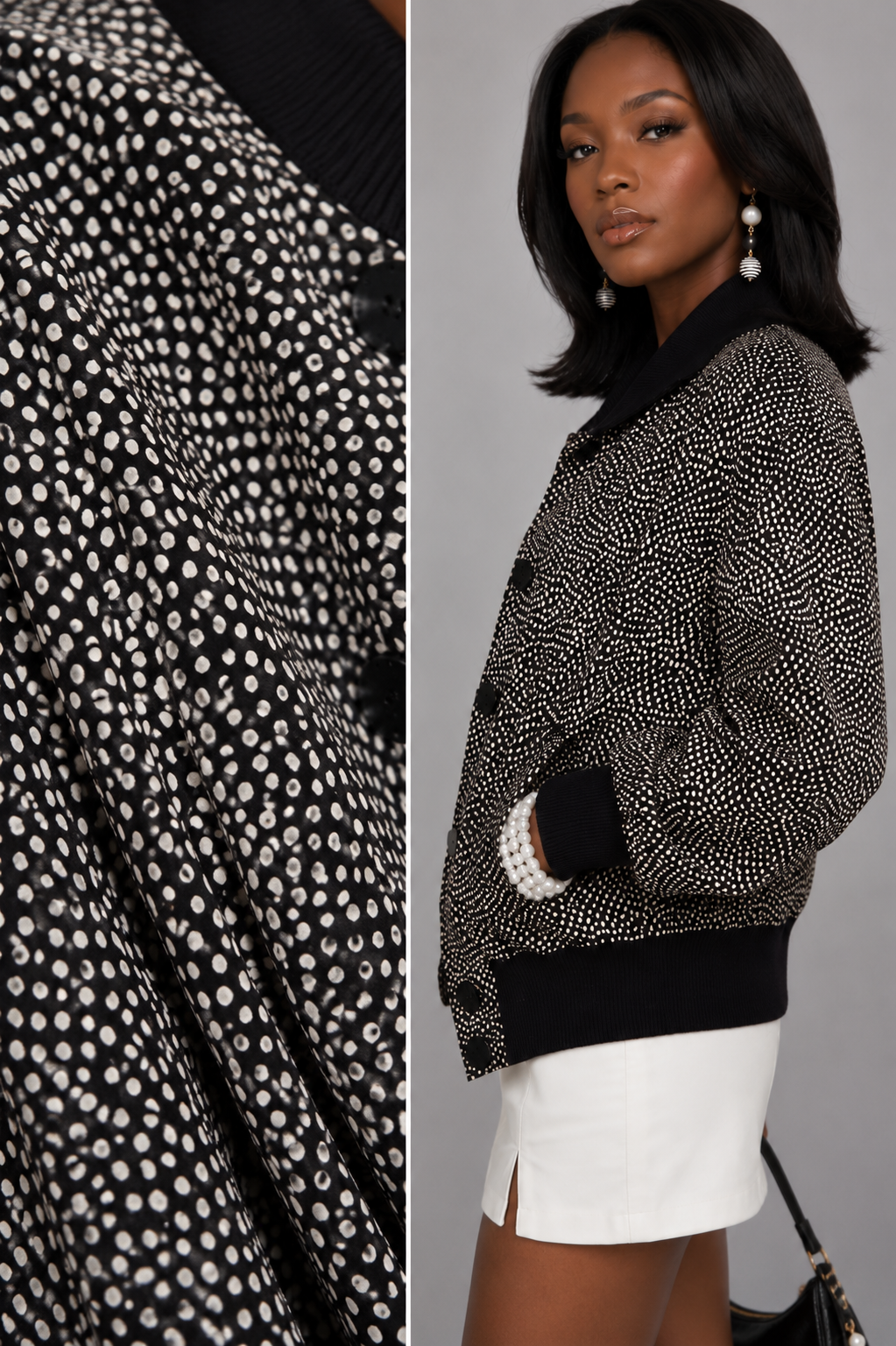 Vintage 90s Black & White Polka Dot Silk Jacket - Medium