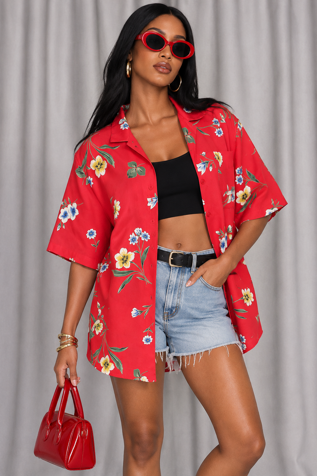 90s Red Floral Button-Up Shirt – 1X