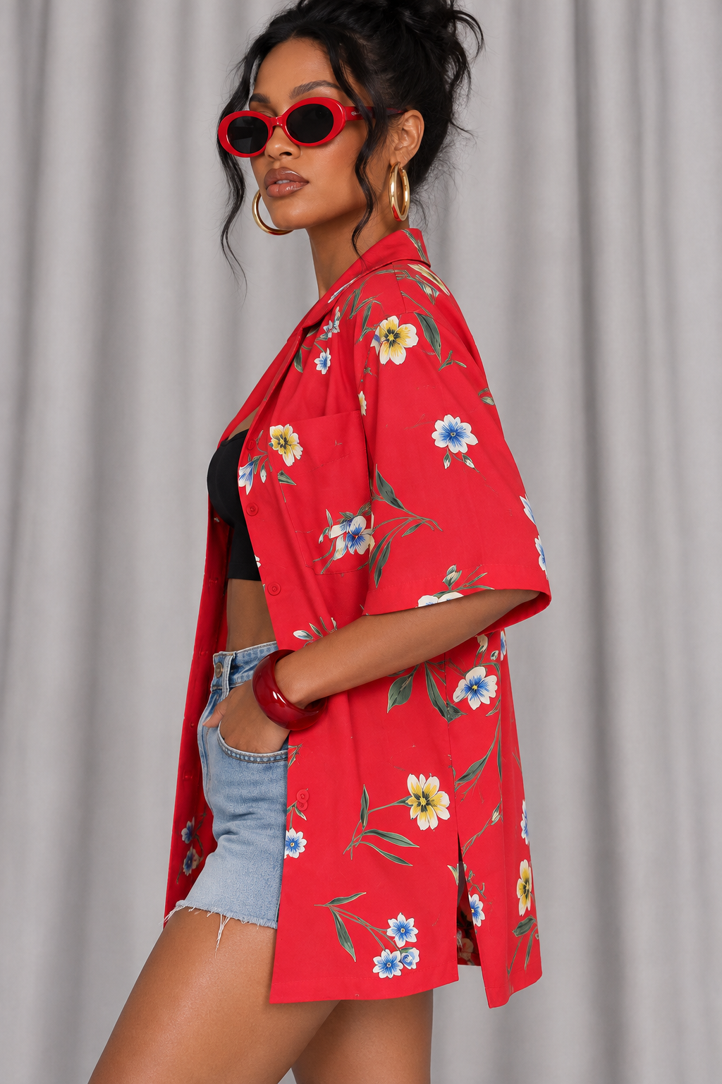 90s Red Floral Button-Up Shirt – 1X