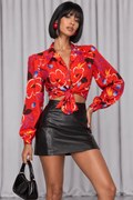 90s Vintage Red Tropical Floral Blouse | S/M