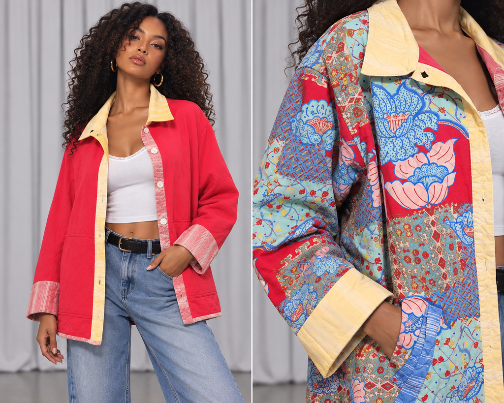 90s Reversible Floral & Red Lightweight Jacket – Medium
