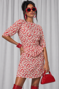 90s Vintage Red Floral Peplum Dress | Small