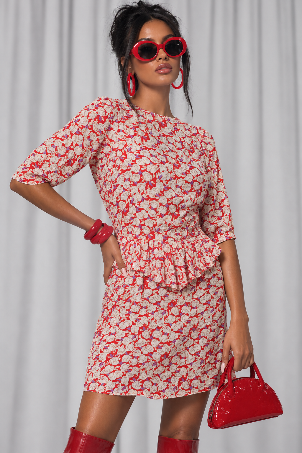 90s Vintage Red Floral Peplum Dress | Small