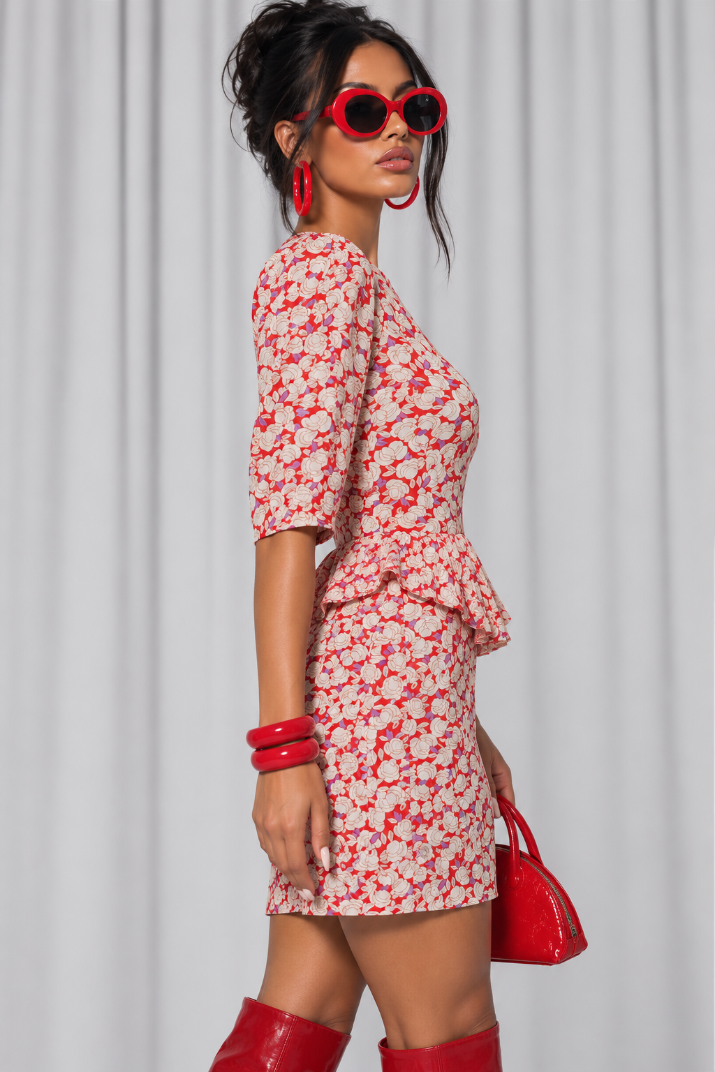 90s Vintage Red Floral Peplum Dress | Small