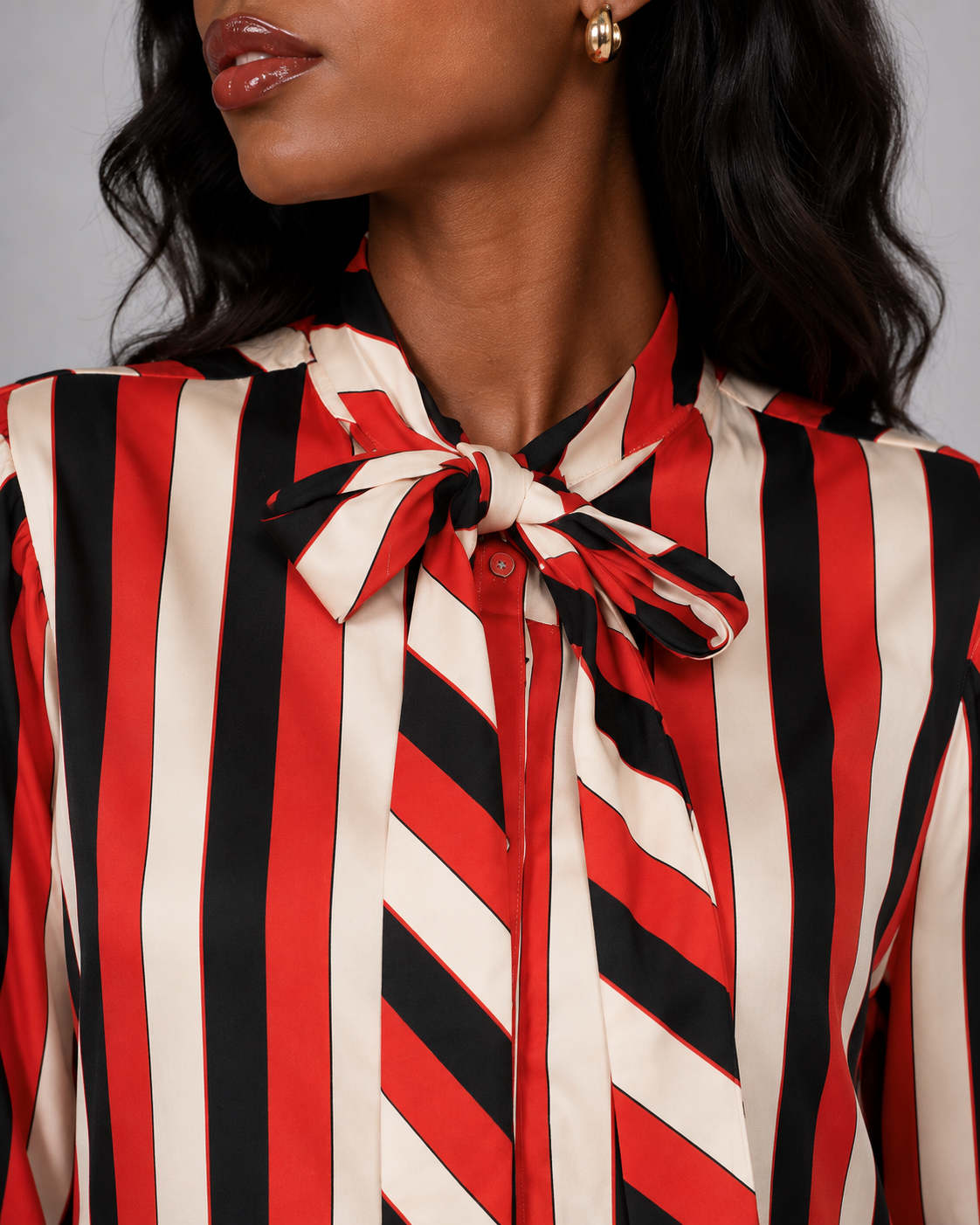 Vintage 90s Red & Black Striped Tie Neck Blouse | Medium