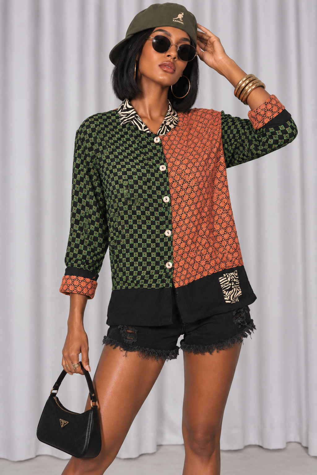 90s Orange & Olive Mixed Print Blouse – MEDIUM