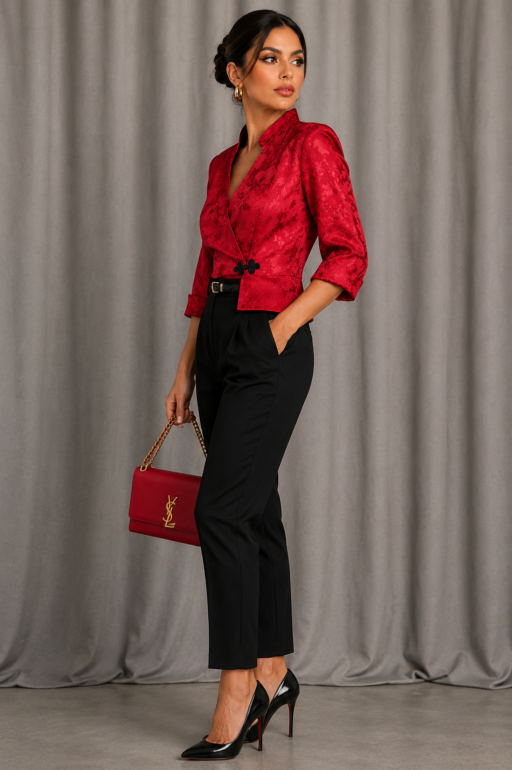 90s Red Floral Jacquard Jacket | MEDIUM