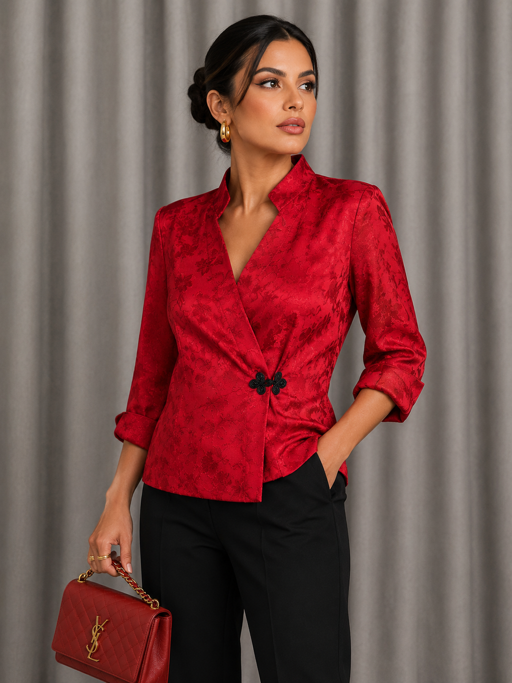 90s Red Floral Jacquard Jacket | MEDIUM