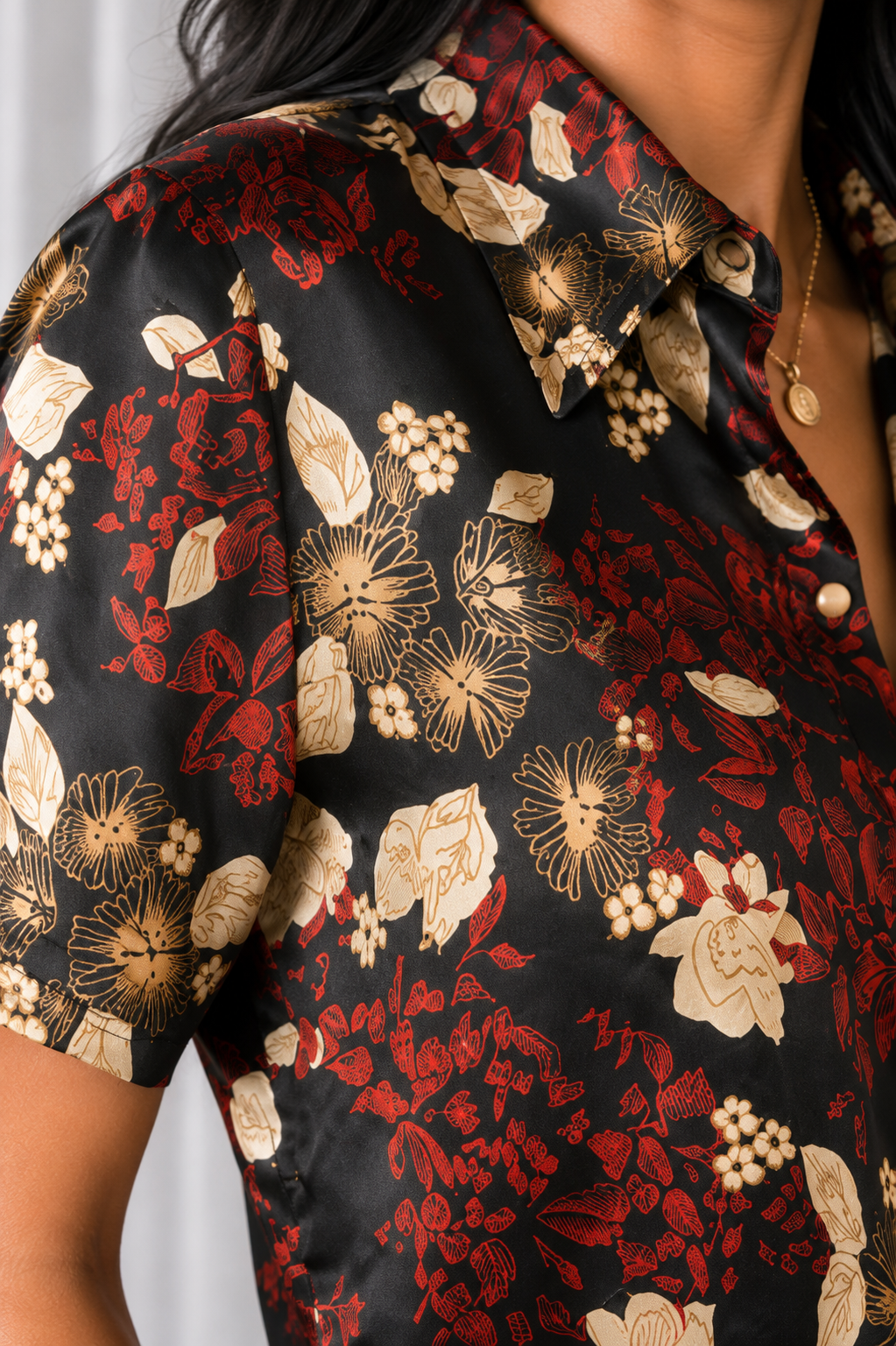 Vintage 90s Satin Floral Blouse - MEDIUM