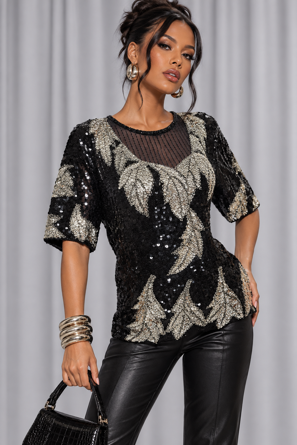 90s Black & Silver Beaded Sequin Blouse – LARGE