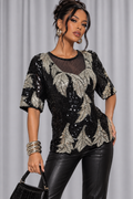 90s Black & Silver Beaded Sequin Blouse – LARGE