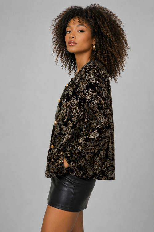 90s Vintage Black Velvet Metallic Jacket - XL