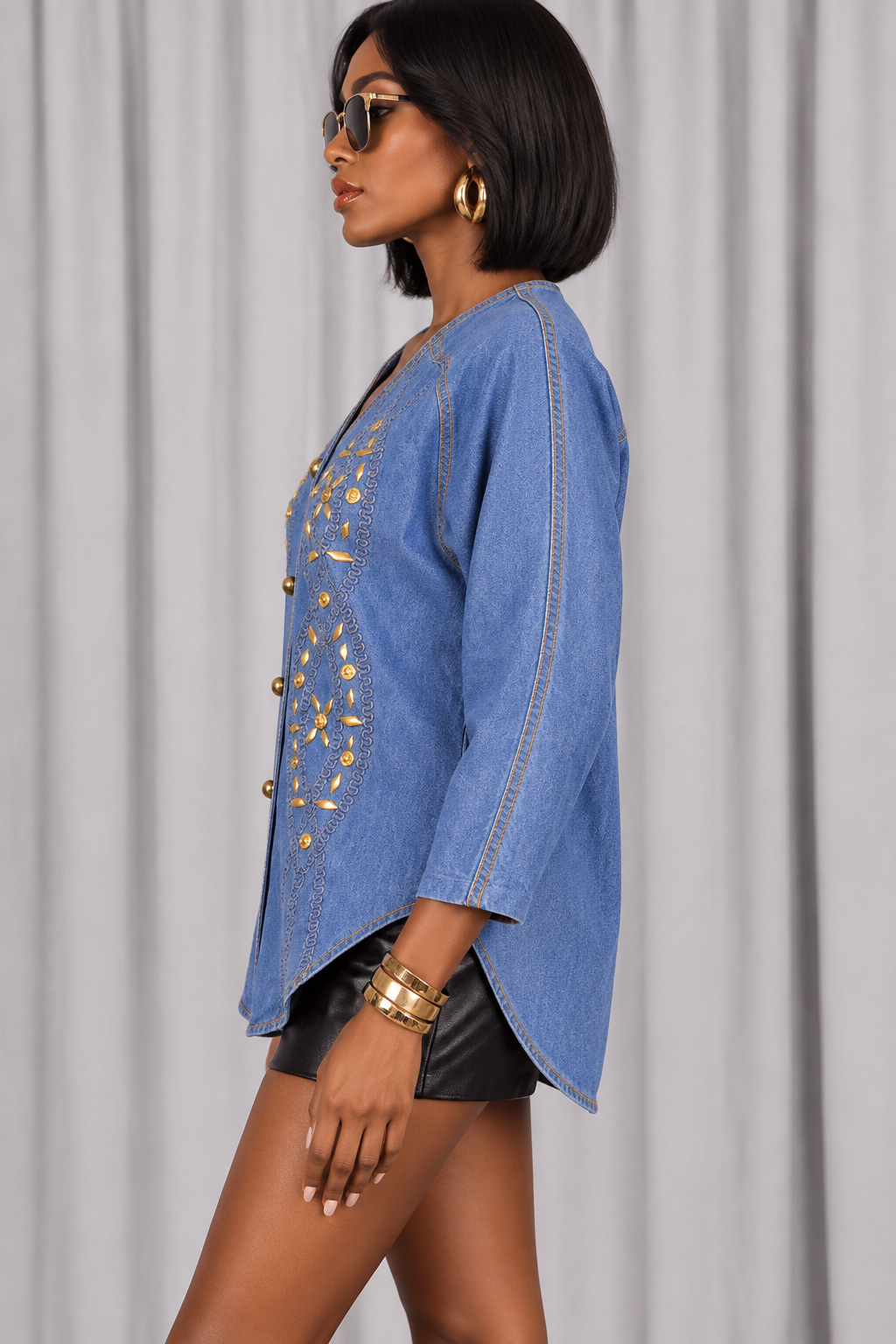 90s Embellished Denim Western Blouse – MEDIUM