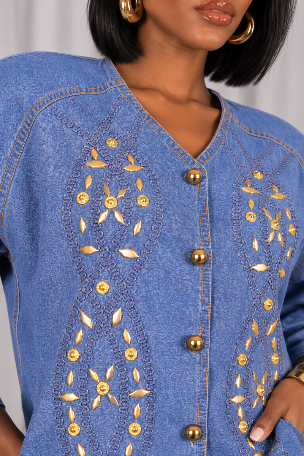 90s Embellished Denim Western Blouse – MEDIUM