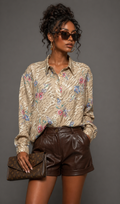 Vintage 90s Leopard Floral Blouse | Beige Pink Purple Print Retro Top | X-LARGE | XL