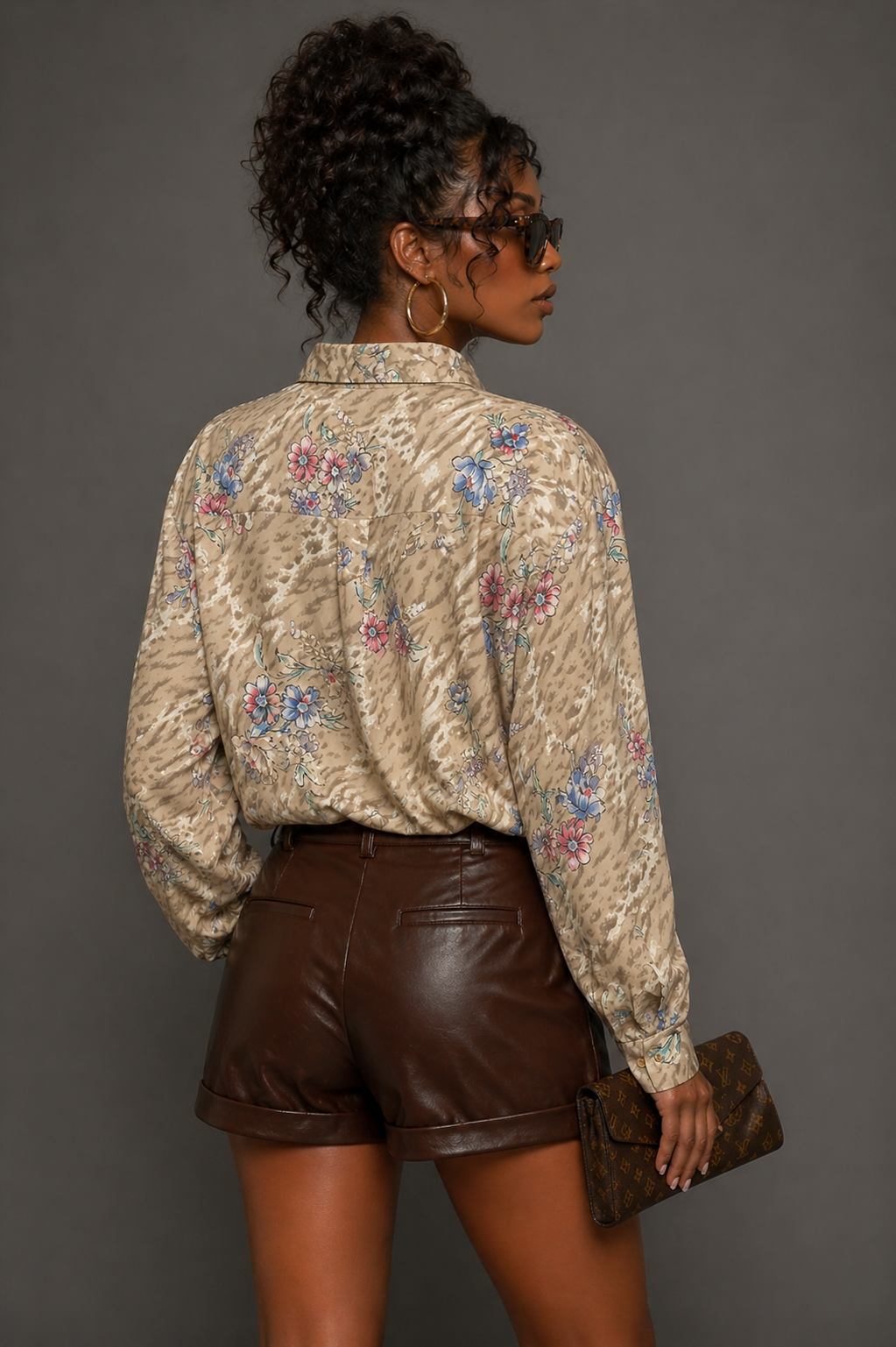 Vintage 90s Leopard Floral Blouse | Beige Pink Purple Print Retro Top | X-LARGE | XL
