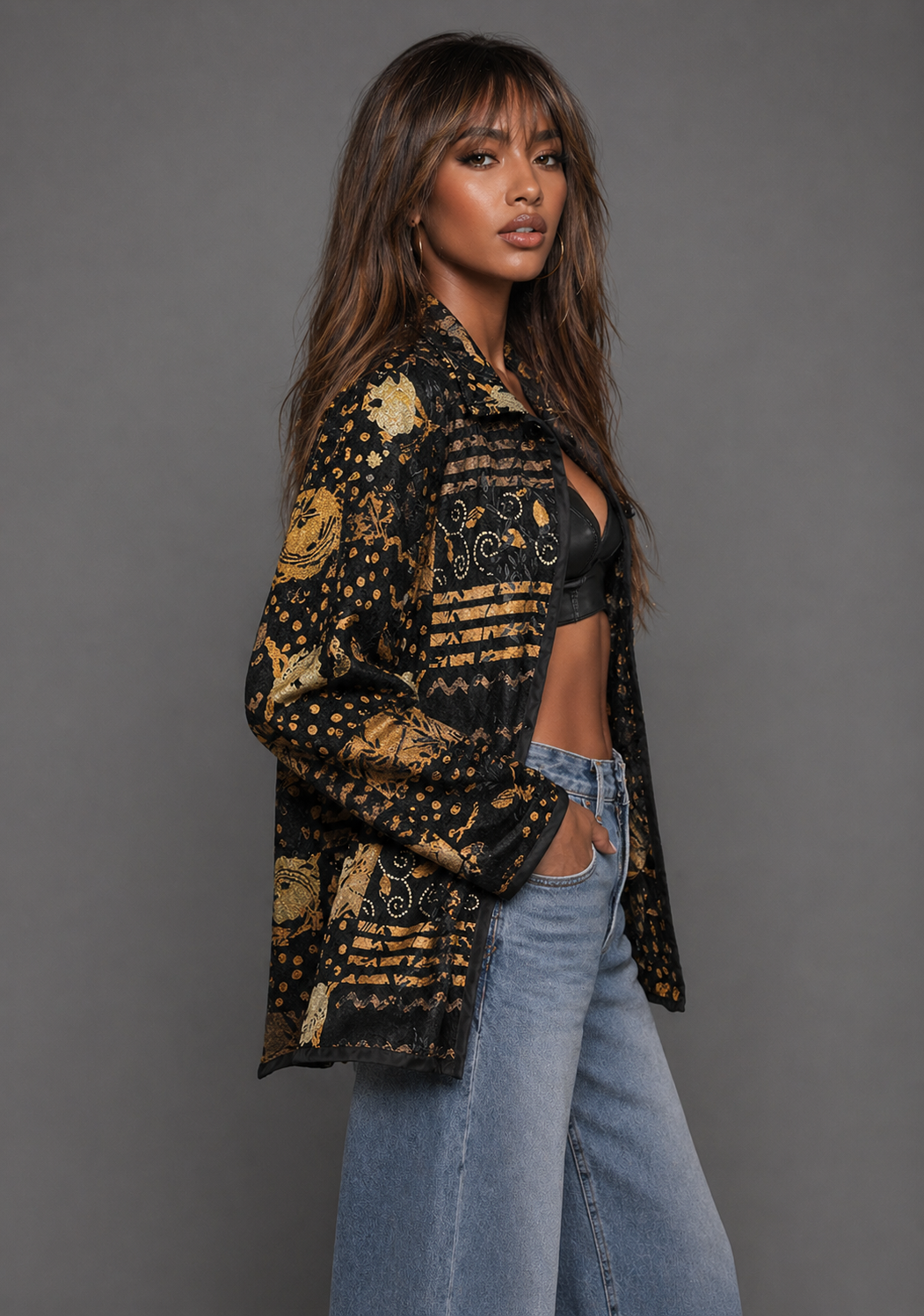 Vintage 90s Textured Jacket | Tan Black Floral Stripe Retro Outerwear | LARGE