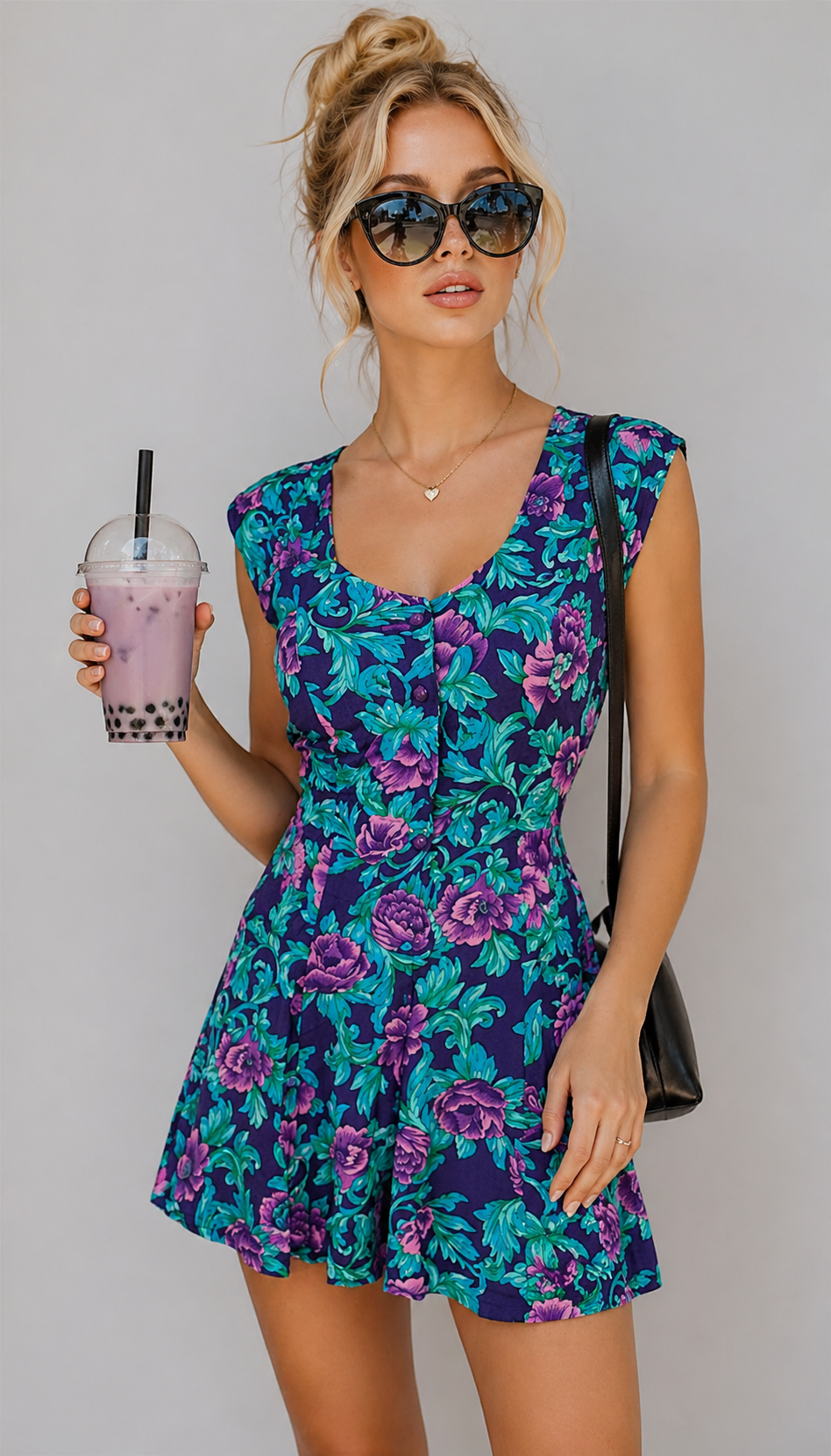 Vintage 90s Teal Blue Floral Romper | Fits Sizes XS–SMALL
