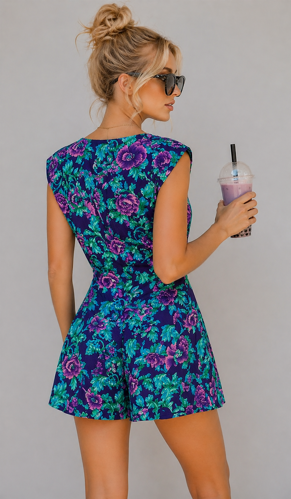 Vintage 90s Teal Blue Floral Romper | Fits Sizes XS–SMALL
