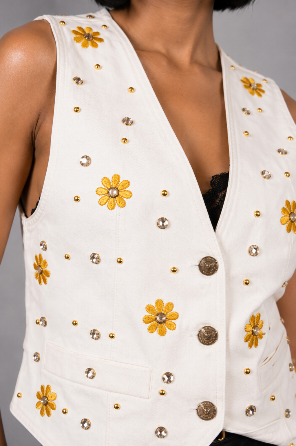 Vintage 90s White Floral Denim Vest - Small