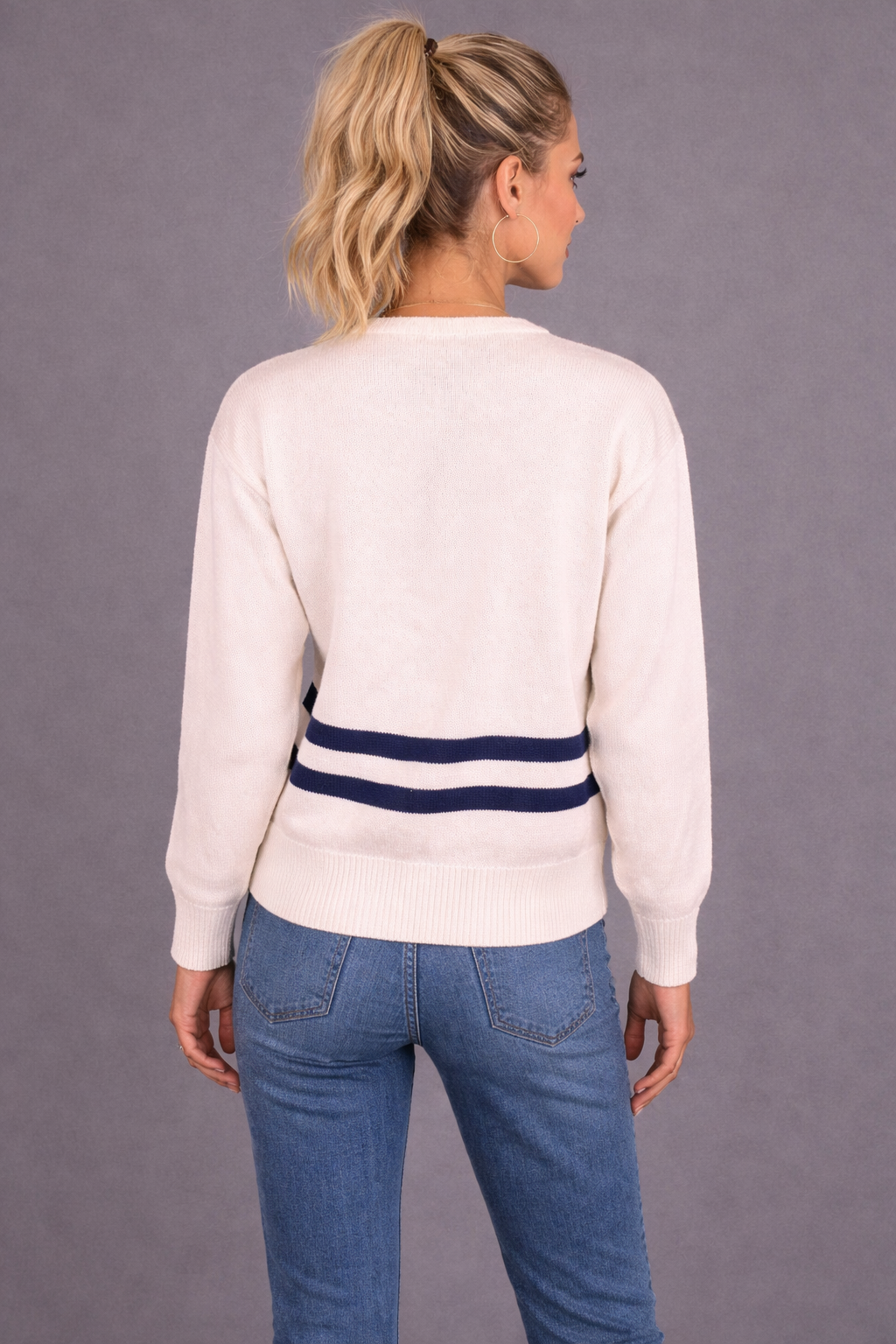 90s Nautical Sweater | Ivory Navy Sailor Pullover | MEDIUM