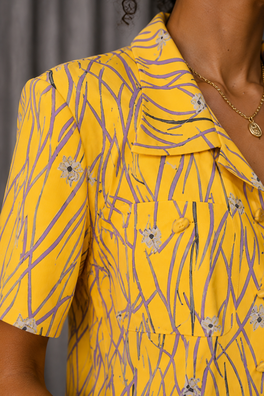 Vintage 90s Yellow Floral Blouse - SMALL