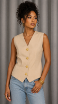 90s Beige Button-Up Vest Blouse | MEDIUM