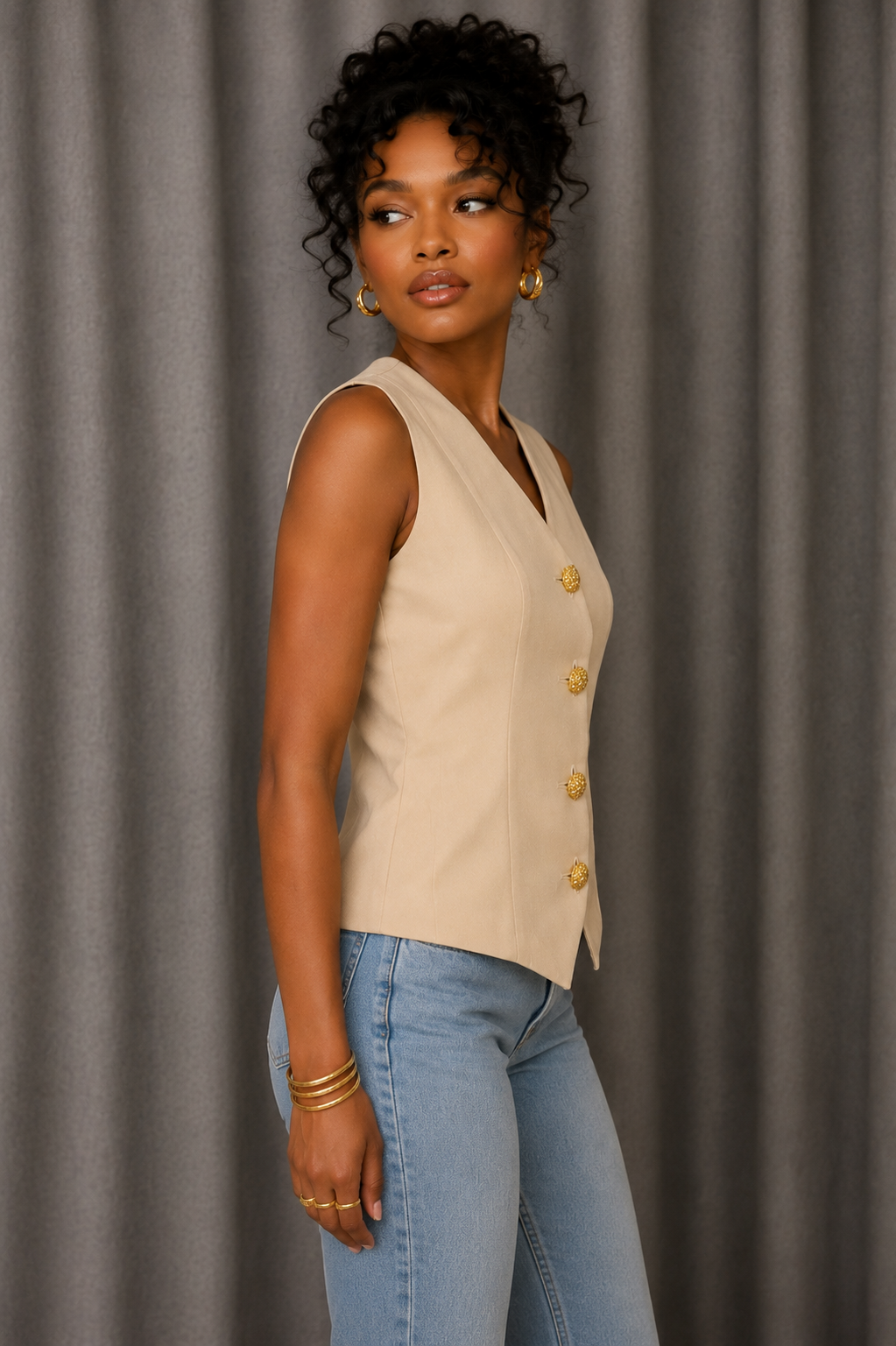 90s Beige Button-Up Vest Blouse | MEDIUM