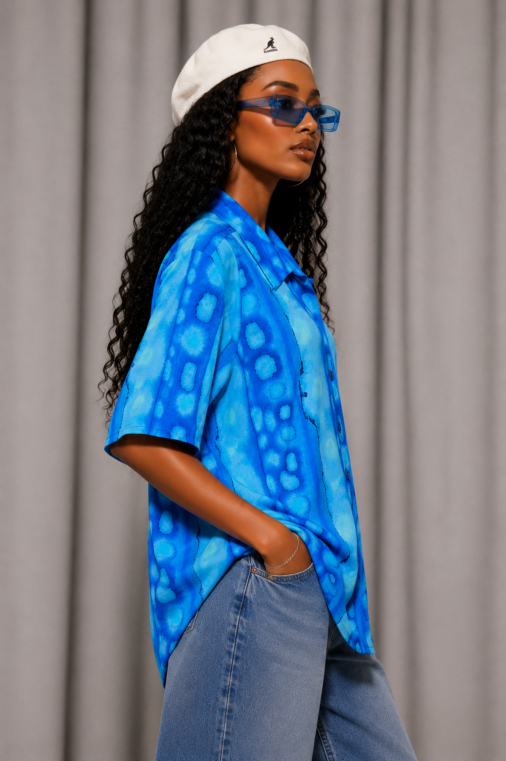 Vintage 90s Blue Watercolor Blouse | L/XL