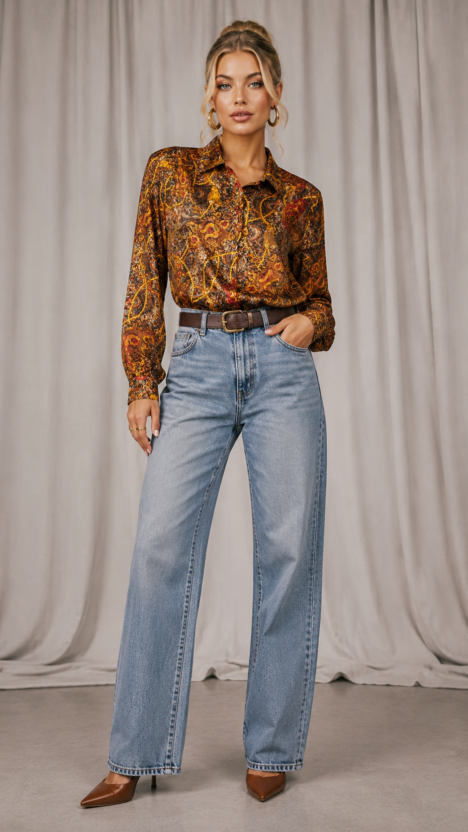 Vintage 90s Brown Gold Paisley Satin Blouse | SMALL