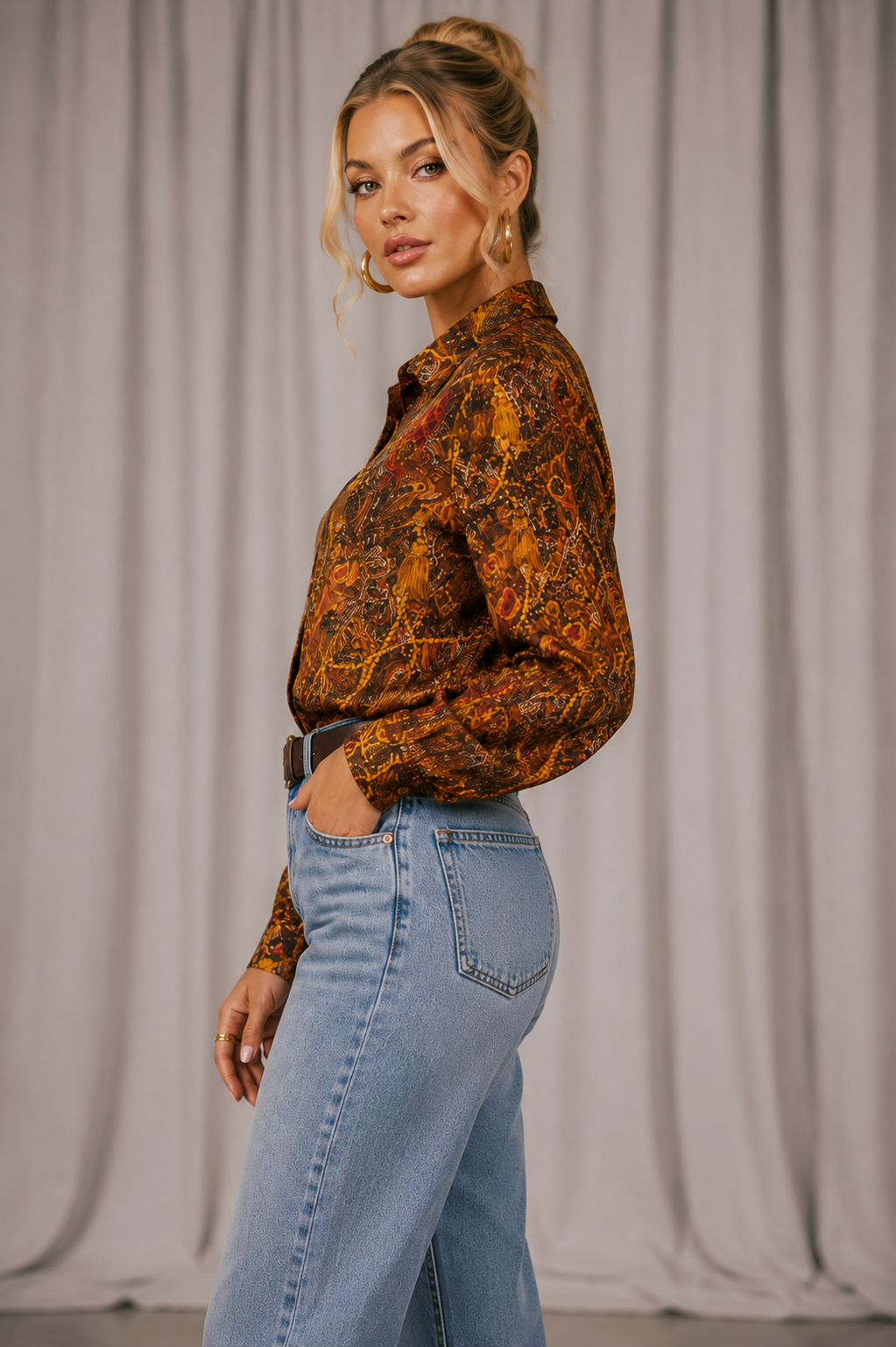 Vintage 90s Brown Gold Paisley Satin Blouse | SMALL
