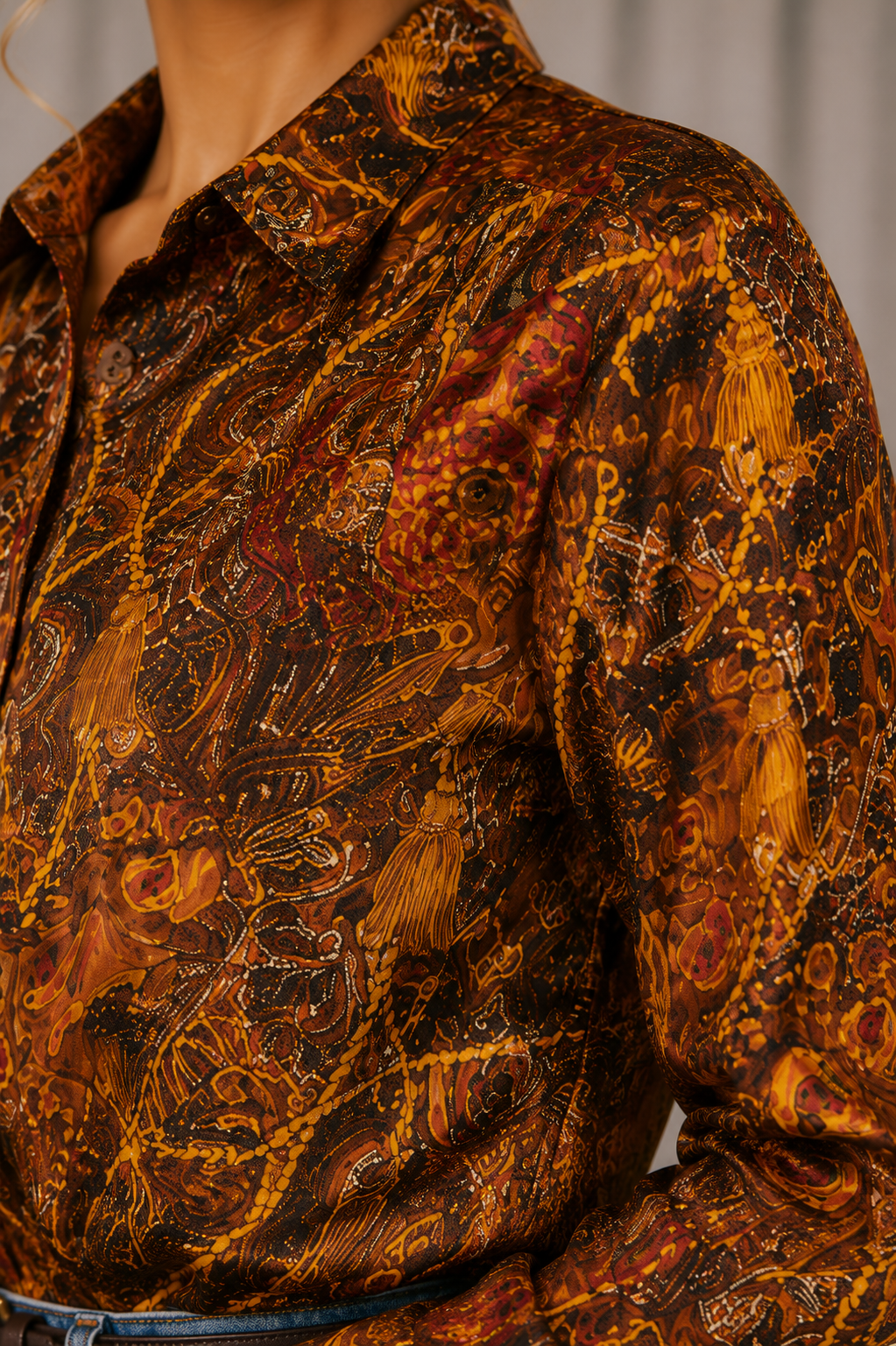 Vintage 90s Brown Gold Paisley Satin Blouse | SMALL
