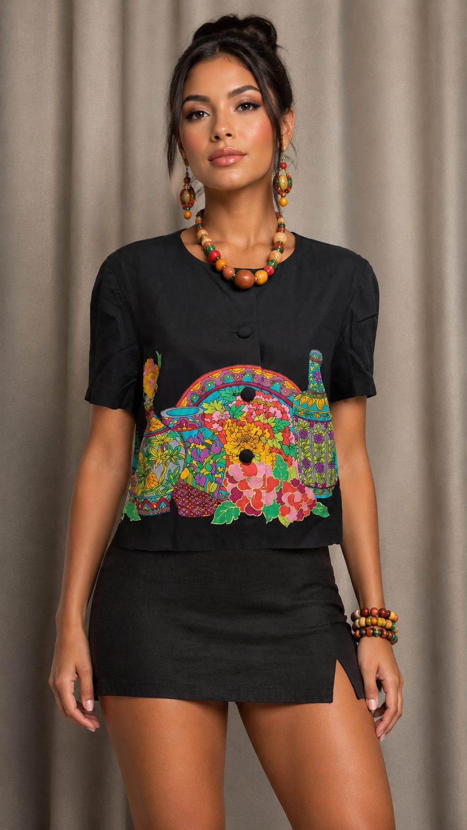 Vintage 90s Black Colorful Art Print Crop Top | Bold Statement Blouse | LARGE