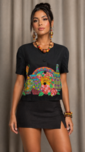 Vintage 90s Black Colorful Art Print Crop Top | Bold Statement Blouse | LARGE