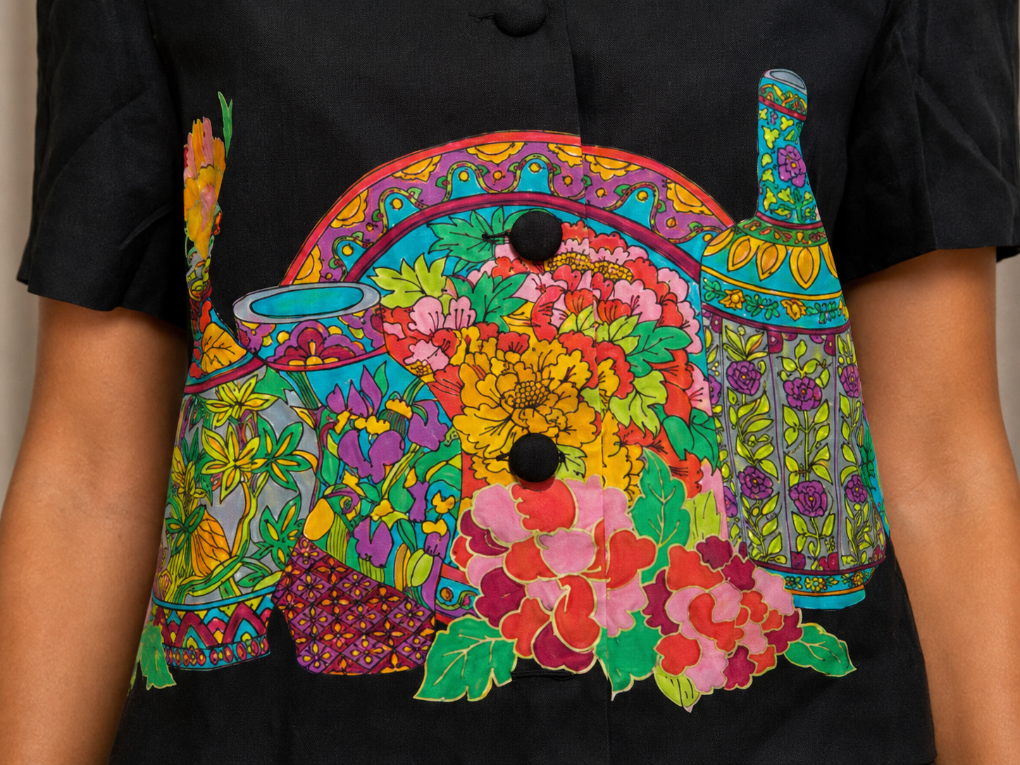 Vintage 90s Black Colorful Art Print Crop Top | Bold Statement Blouse | LARGE