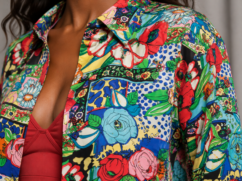 Vintage 90s Colorful Floral Silk Blouse | S/M