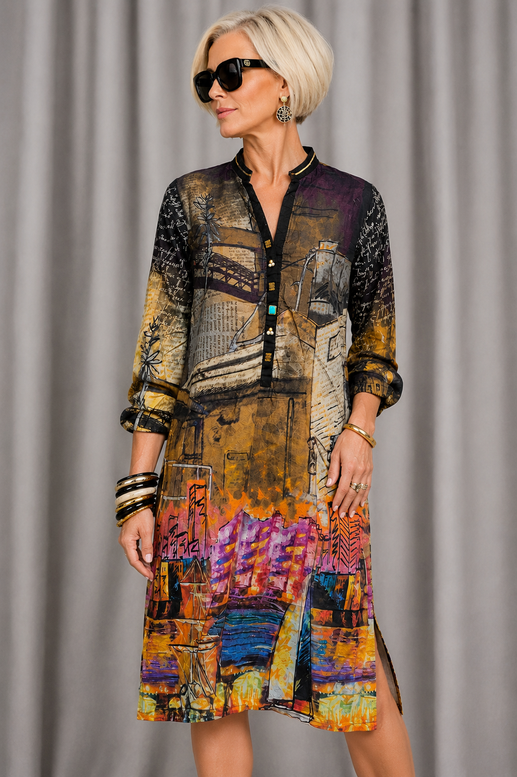 90s Colorful Art Print Tunic Dress - Medium